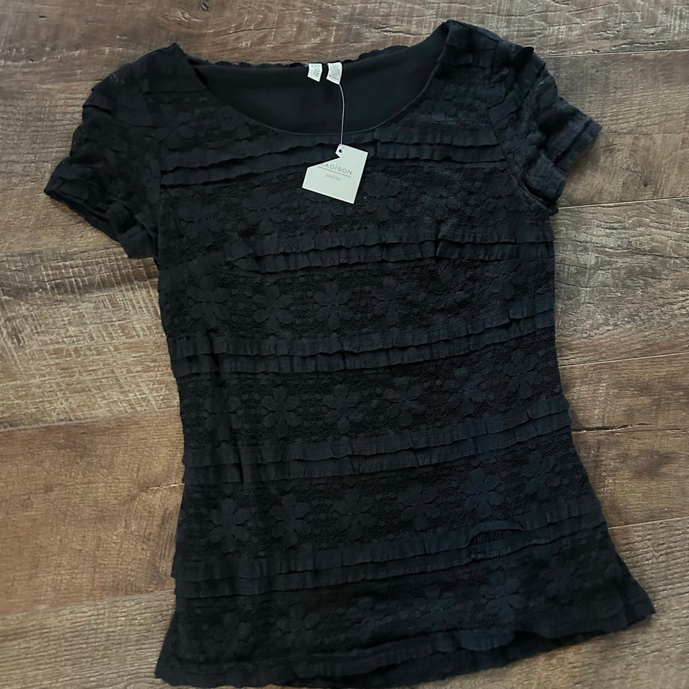 Women's MADISON Black Lace Ruffle Short Sleeve Tee PS